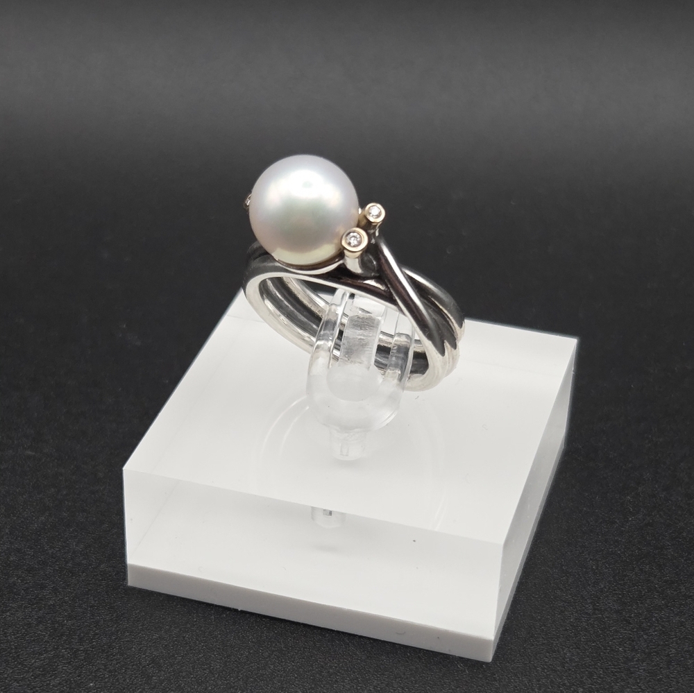 Pandora Ring "Woven Splendor" Sterling Silver 14 Kt Diamond &  Cultured Pearl - Picture 3 of 5